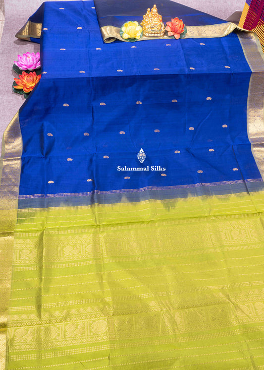 Navy Blue Pure Silk Cotton Saree With Green Blouse