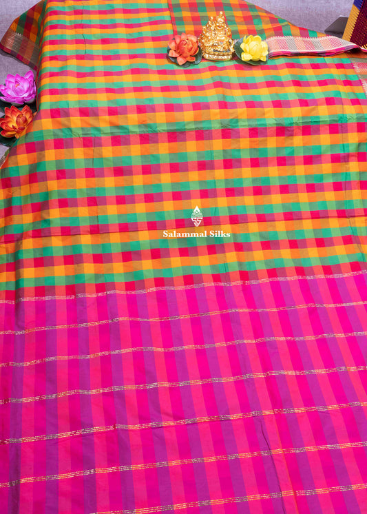 Paalum Pazham Checks 9 Yards Semi Silk Saree with Gold Zari (3 Inch) Border