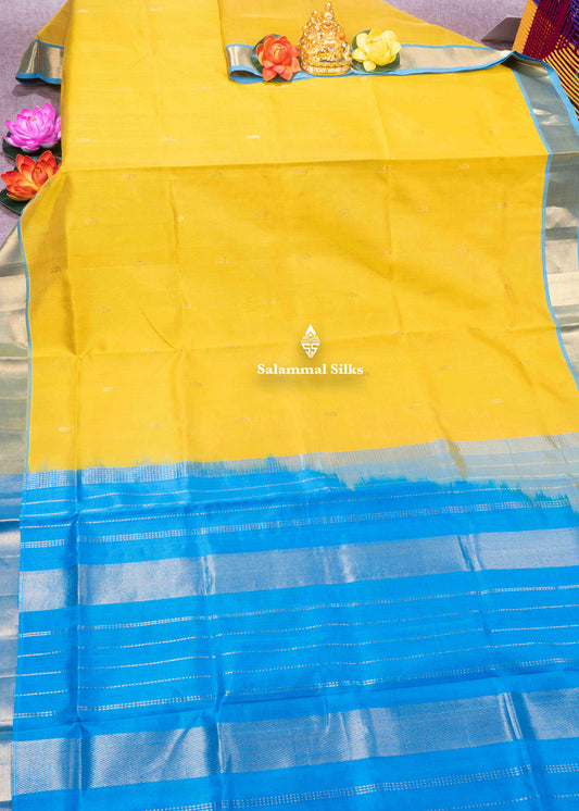 Lemon Yellow Pure Silk Cotton Saree With Sky Blue Blouse