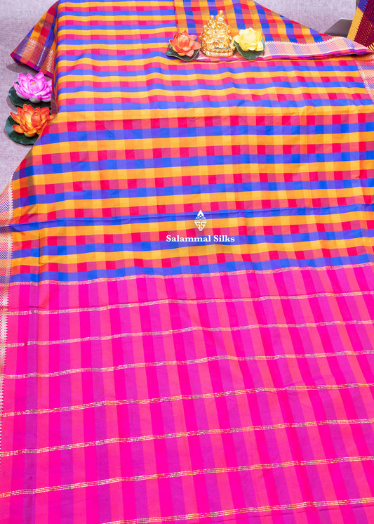 Paalum Pazham Checks 9 Yards Semi Silk Saree with Gold Zari (3 Inch) Border