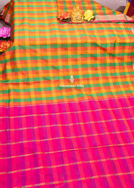 Paalum Pazham Checks 9 Yards Semi Silk Saree with Gold Zari (3 Inch) Border