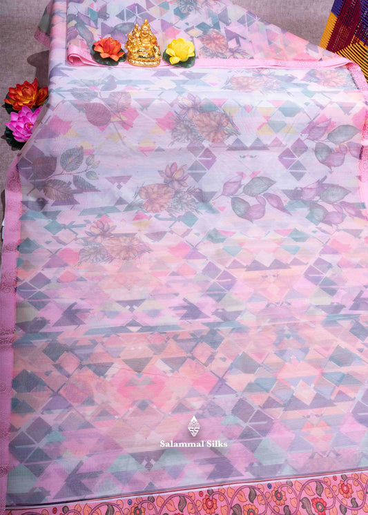 Light Pink Kota Cotton Printed Saree With Fancy Small Border