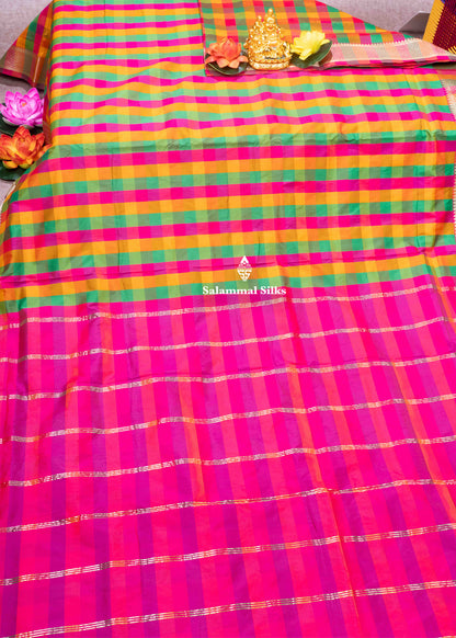 Paalum Pazham Checks 9 Yards Semi Silk Saree with Gold Zari (3 Inch) Border