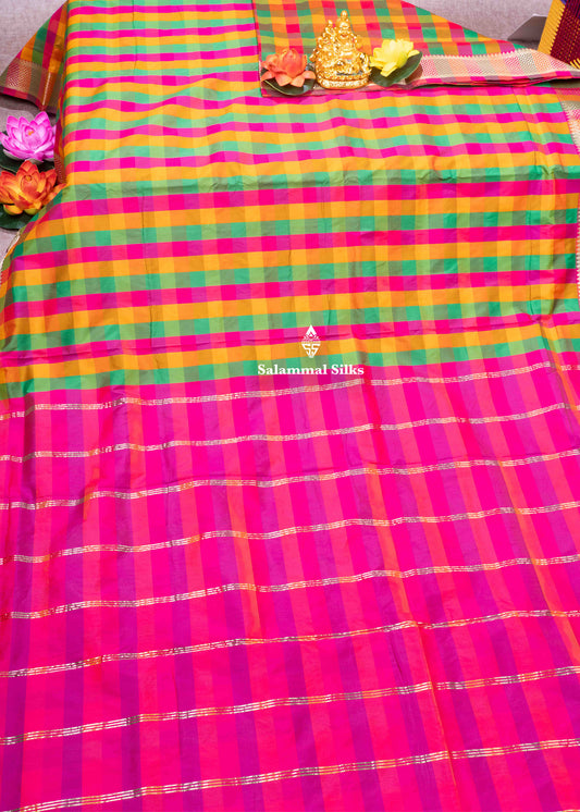 Paalum Pazham Checks 9 Yards Semi Silk Saree with Gold Zari (3 Inch) Border