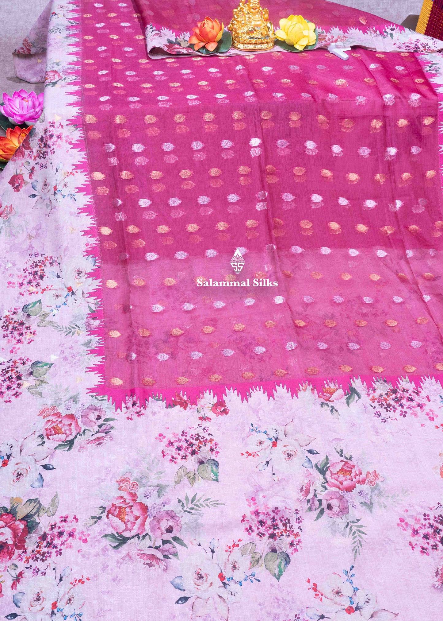 Pink Shade Semi Organza Saree With Floral Border