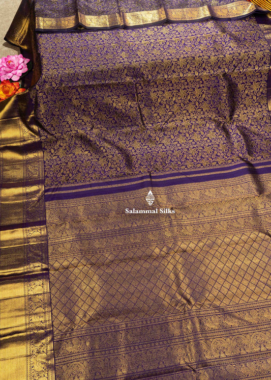 Violet Colour Kanjivaram Pure Silk Saree 3G Zari with Traditional Long Size Border