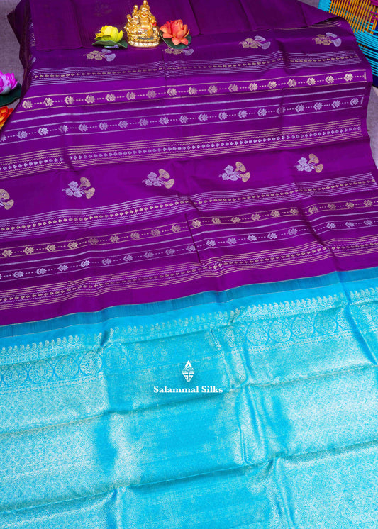 Kanjivaram Violet Pure Silk Saree With Sapphire Green Blouse