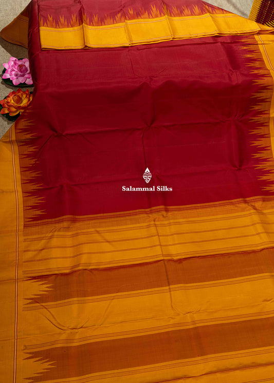 Kanjivaram Maroon Pure Silk Saree With Mustard Yellow Traditional Temple Border