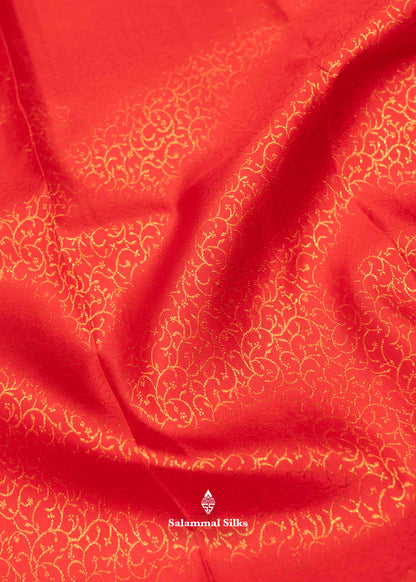 Tomato Red Colour Kanjivaram Pure Silk Saree with Copper Zari Long Border