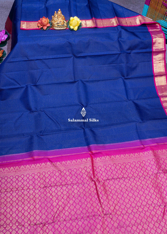 Kanjivaram Navy Blue Vaira Oosi Checks Pure Silk Saree With Pink Blouse