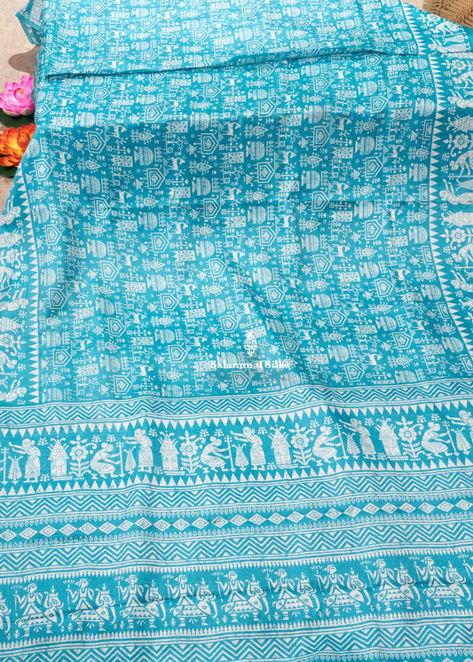 Sky Blue Colour Fancy Semi Tussar Saree With Blouse