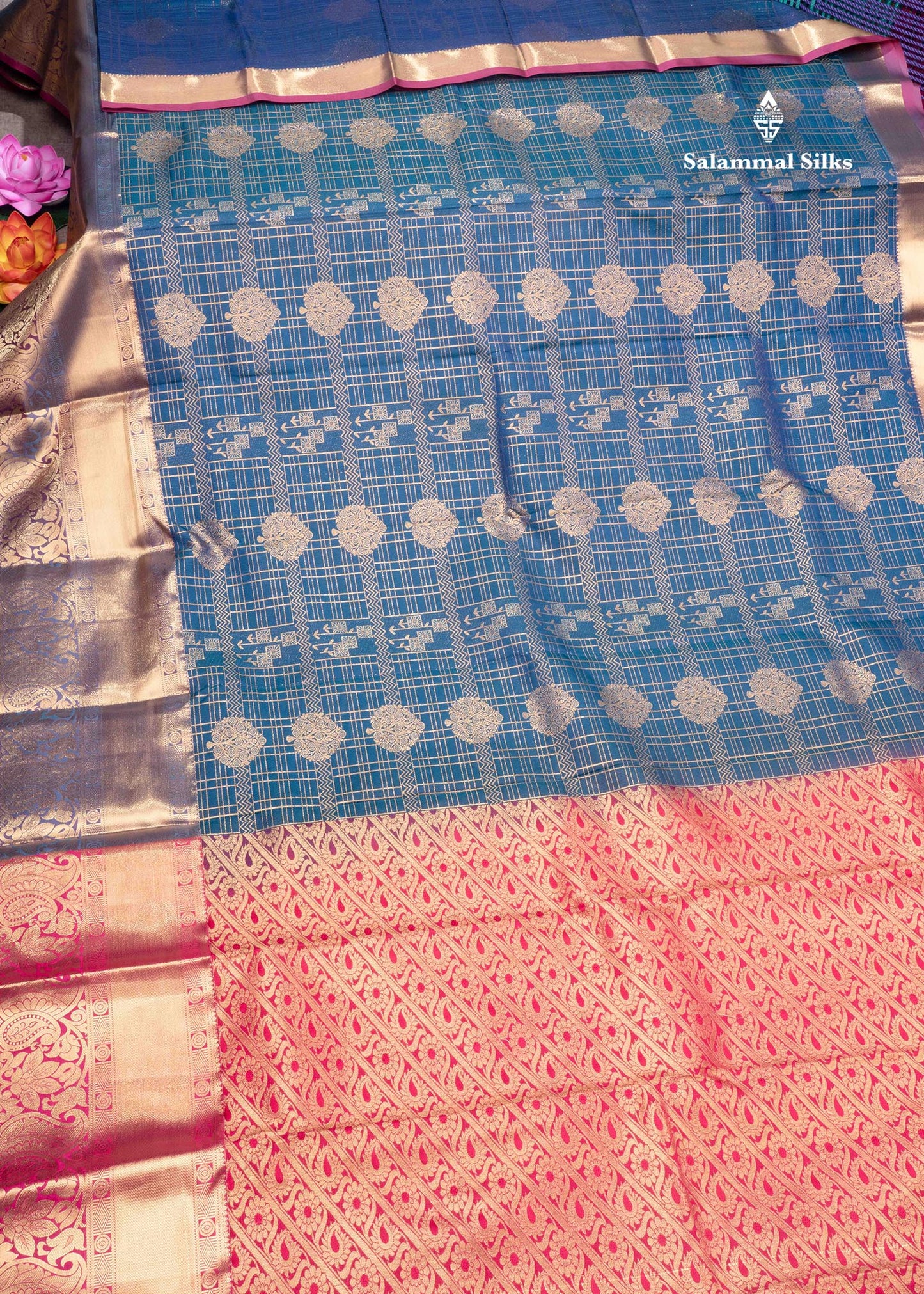Olive Blue Semi Silk Saree With Copper Zari Border