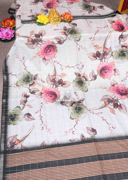 Cream Colour Semi Tussar Saree With Floral Prints & Zari Checks