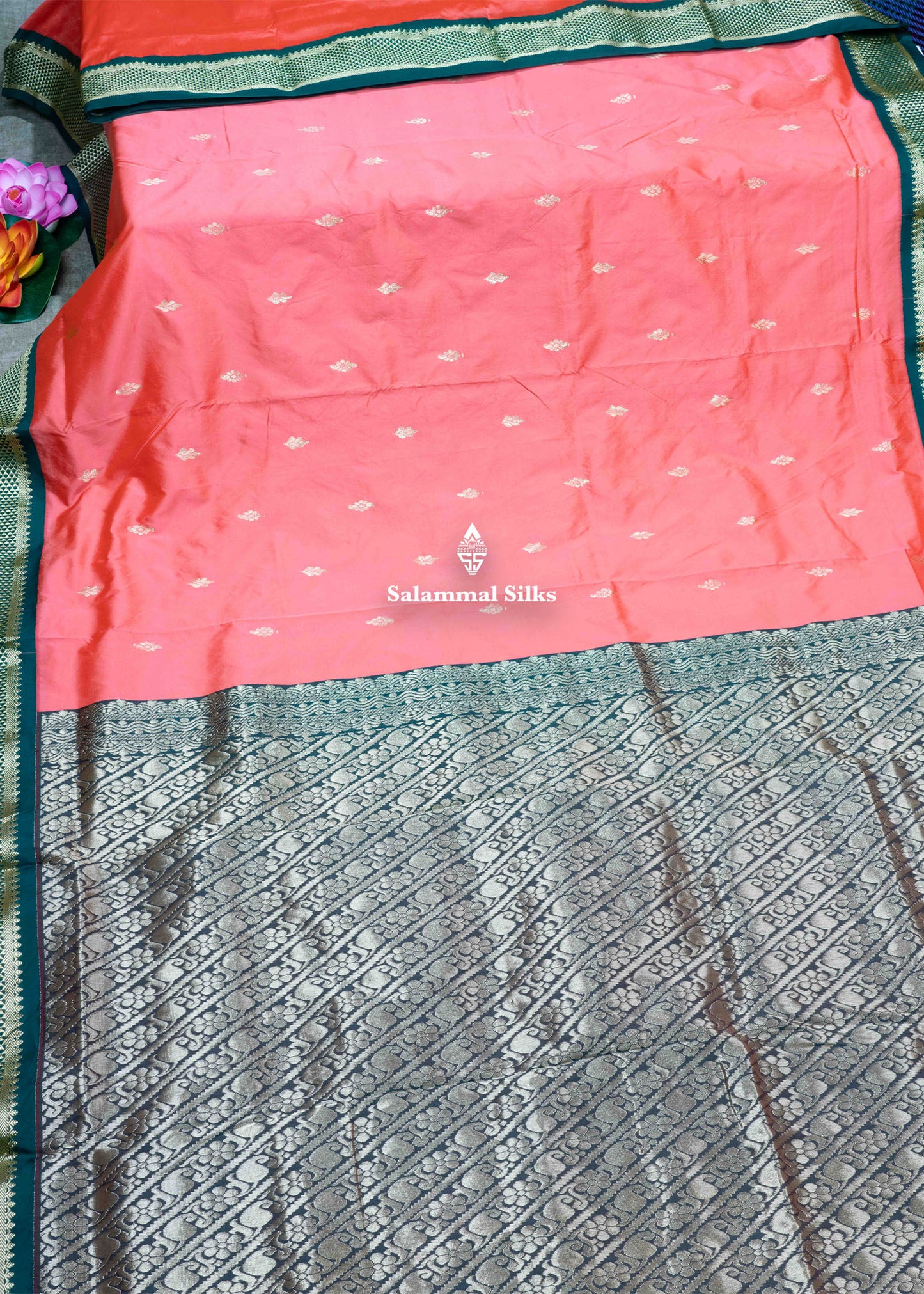 9 Yards Semi Silk Saree Pink Colour with Royal Blue Border