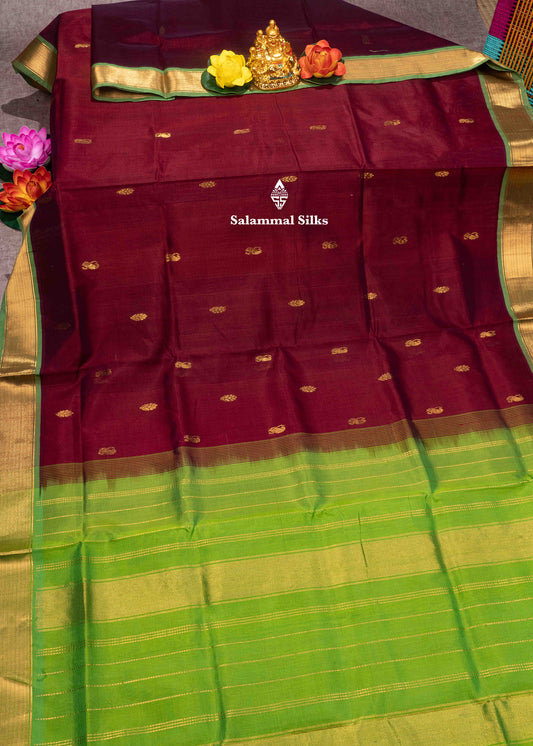 Dark Maroon Pure Silk Cotton Saree With Olive Green Blouse
