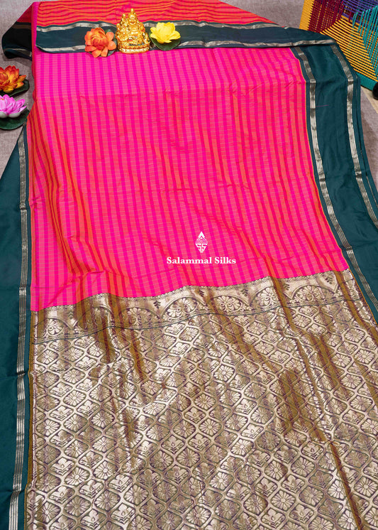 9 Yards Semi Silk Saree Pink & Pinkish Orange Colour with Bottle Green Double Border