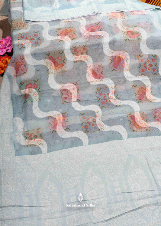 Pastal Blue Fancy Cotton Mix Saree With Thread Work Border