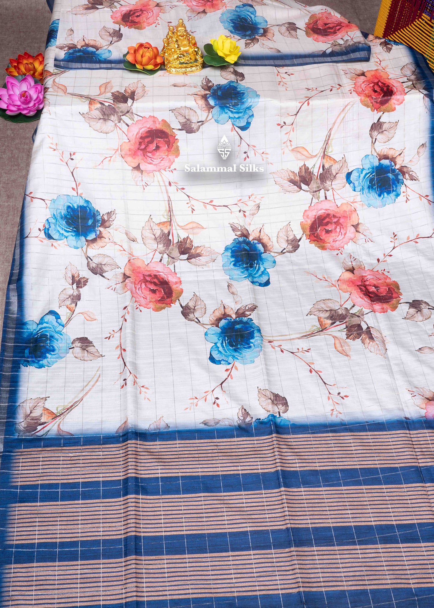 Cream Colour Semi Tussar Saree With Floral Prints & Zari Checks