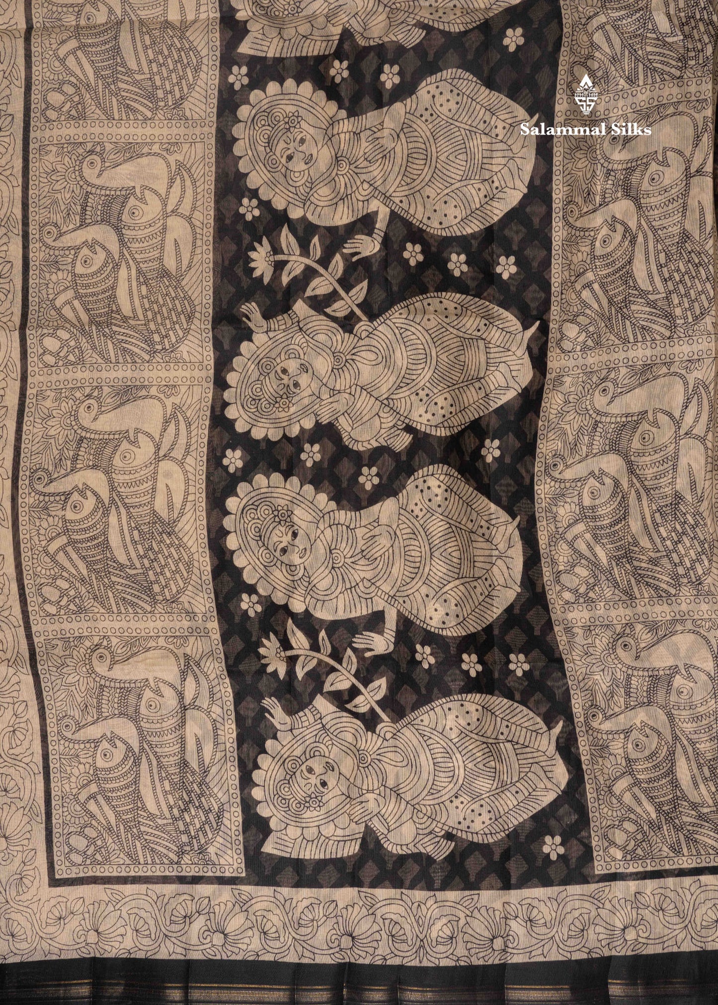 Beige Colour Kalamkari Printed Cotton Mix Saree With Navy Blue Blouse