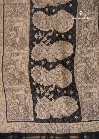 Beige Colour Kalamkari Printed Cotton Mix Saree With Navy Blue Blouse