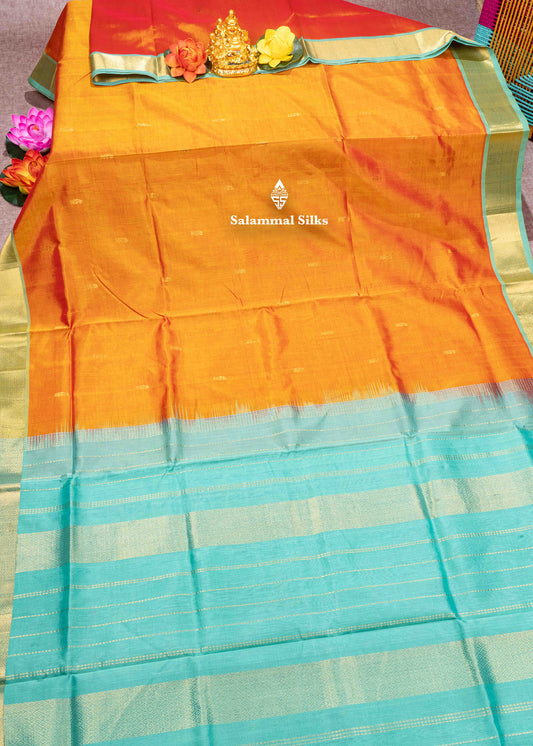 Fanta Orange Pure Silk Cotton Saree With Sapphire Green Blouse