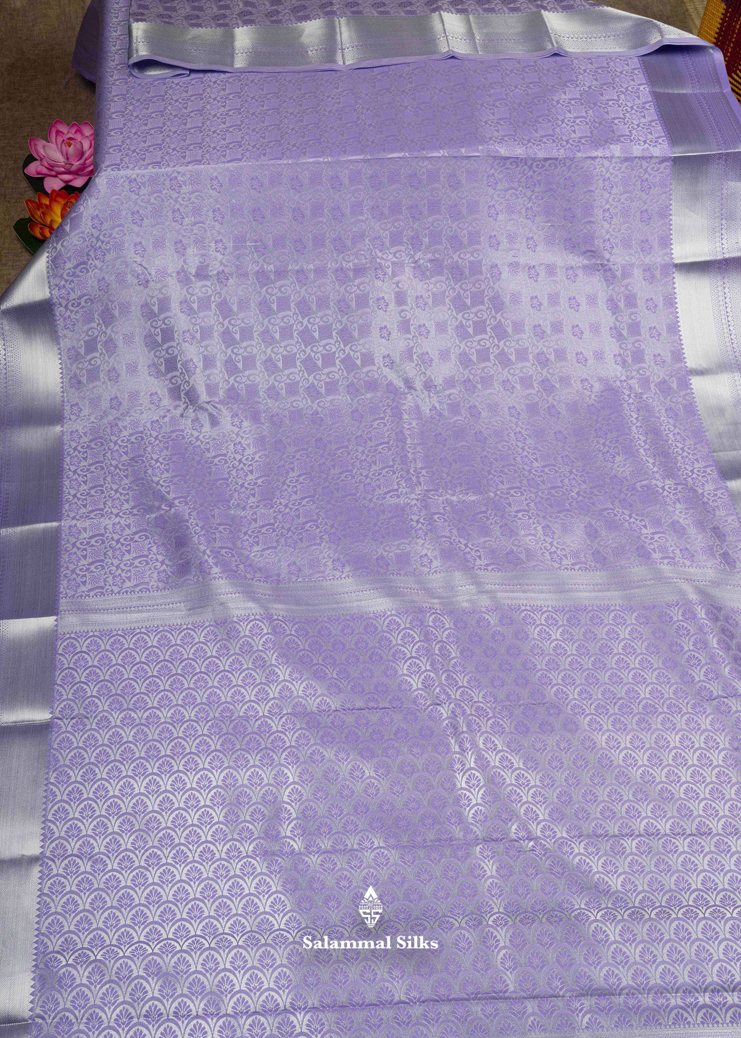 Lavender Bridal Semi Silk Saree With Silver Zari Border