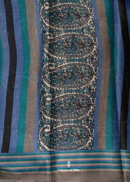 Ink Blue Colour Floral Design Semi Tussar Saree With Blouse