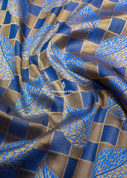 Navy Blue & Gold Colour Checks Semi Silk Saree With Gold Zari Border
