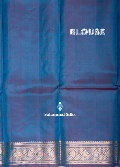 Kanjivaram Light Ramar Blue Pure Silk Saree With Olive Blue Blouse