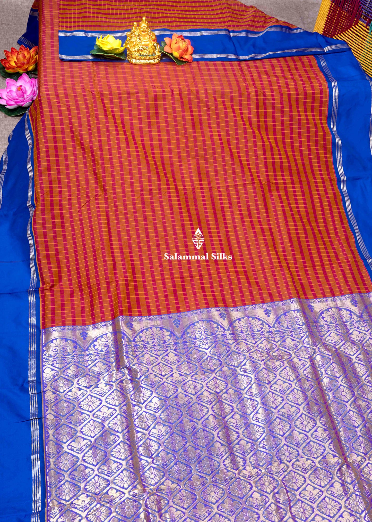 9 Yards Semi Silk Saree Brown & Maroon Colour with Royal Blue Double Border