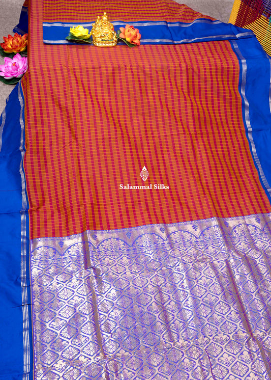 9 Yards Semi Silk Saree Brown & Maroon Colour with Royal Blue Double Border