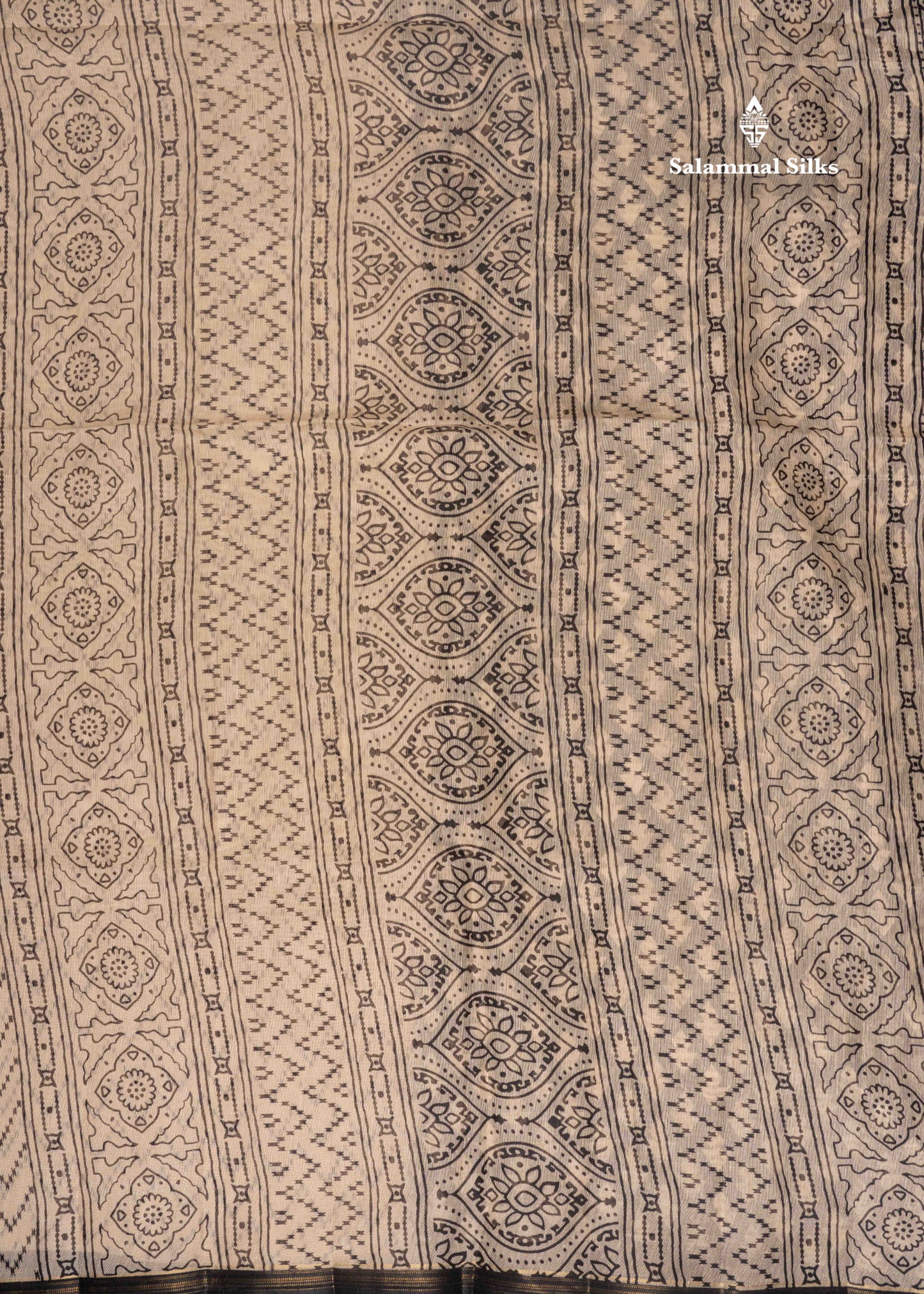 Sandal Colour Ikkat Print Linen Mix Saree With Black Blouse