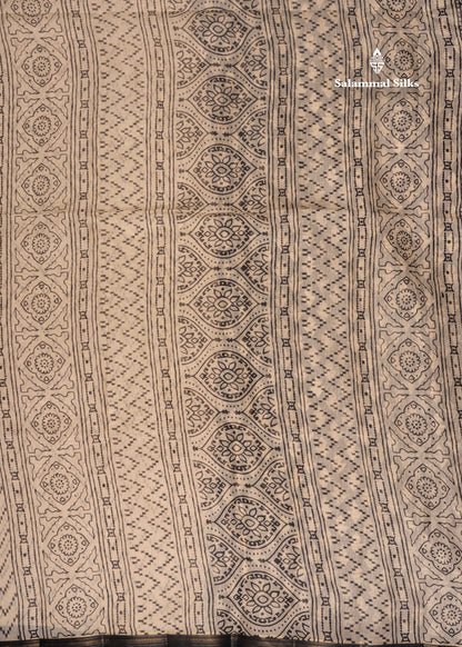 Sandal Colour Ikkat Print Linen Mix Saree With Black Blouse