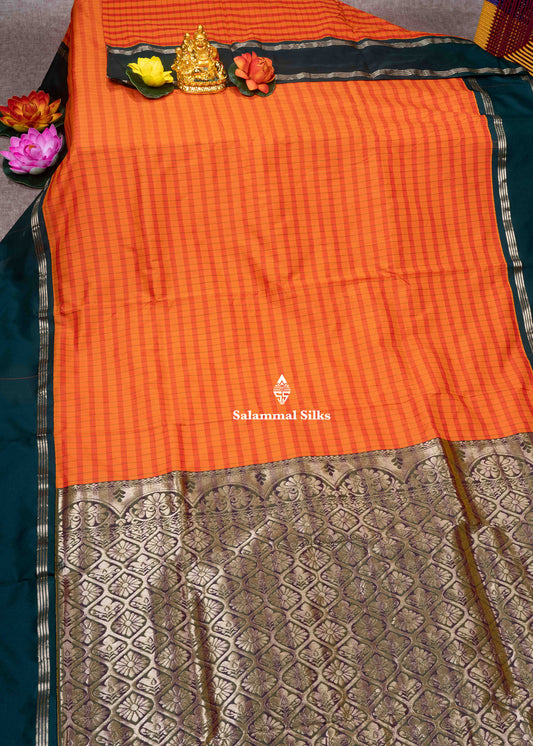 9 Yards Semi Silk Saree Orange & Mango Yellow Colour with Green Double Border