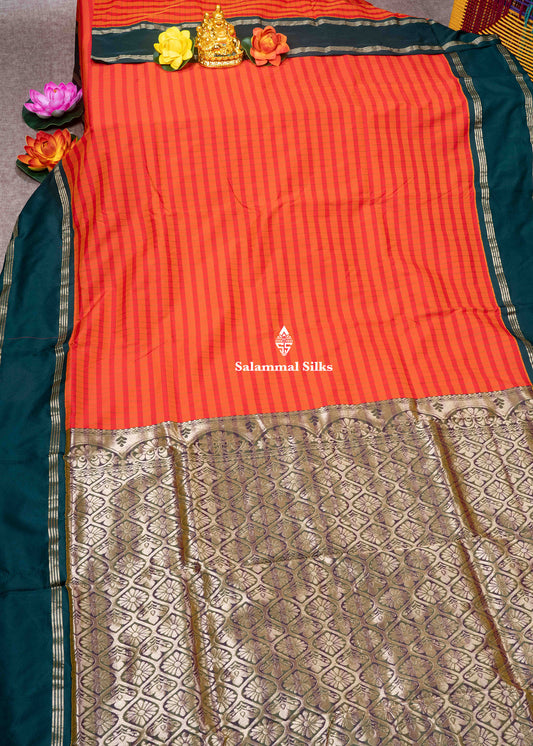 9 Yards Semi Silk Saree Orange & Red Colour with Bottle Green Double Border