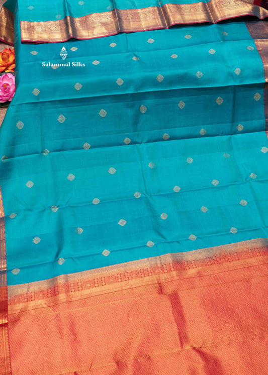 Sapphire Green Colour Kanjivaram Pure Silk Saree With Gold Zari Border