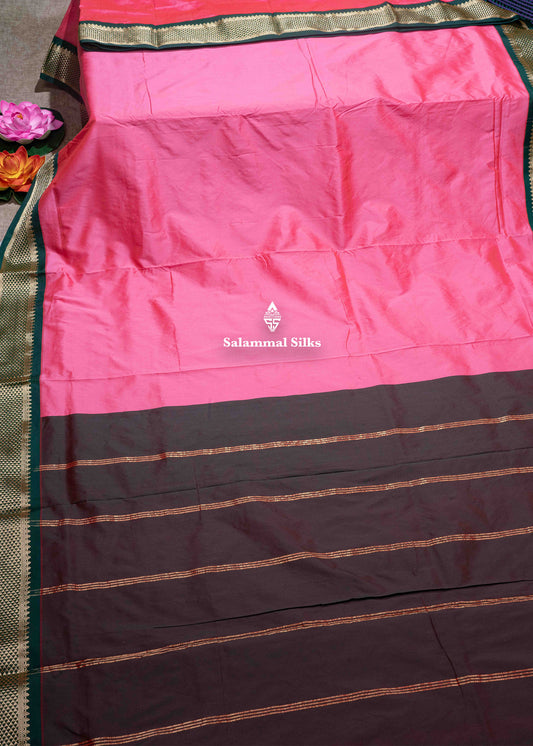 9 Yards Semi Silk Saree Pink Colour with Bottle Green Border