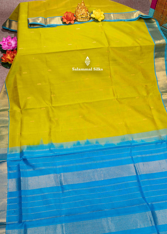 Green Pure Silk Cotton Saree With Sky Blue Blouse