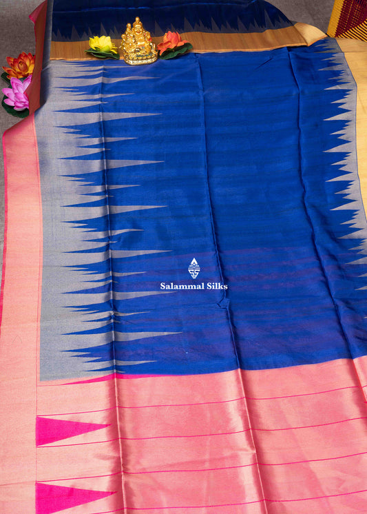 Navy Blue Semi Tussar Fancy Saree With Traditional Ganga & Jamuna Border