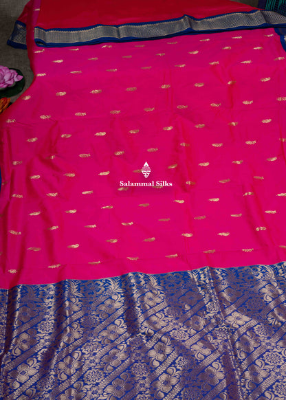 9 Yards Semi Silk Saree Pink Colour with Royal Blue Border