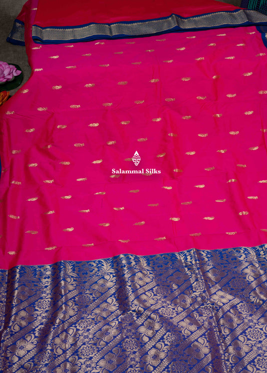 9 Yards Semi Silk Saree Pink Colour with Royal Blue Border