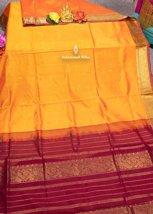 Orange Pure Silk Cotton Saree With Dark Maroon Blouse