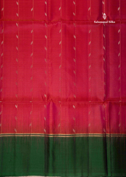 Pinkish Orange Pure Kanjivaram Soft Silk Saree With Bottle Green Border