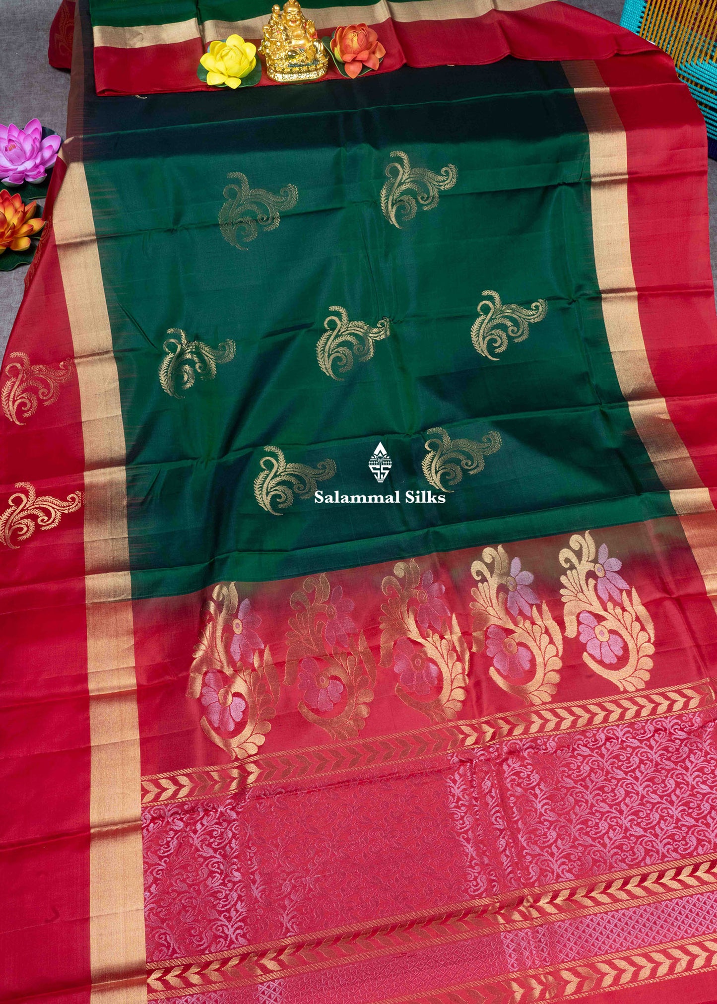 Kanjivaram Bottle Green Pure Silk Saree With Pochampally Blouse