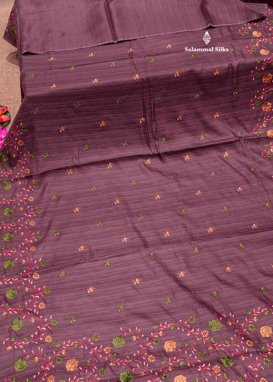 Violet Colour Semi Tussar Saree With Embroidery Work