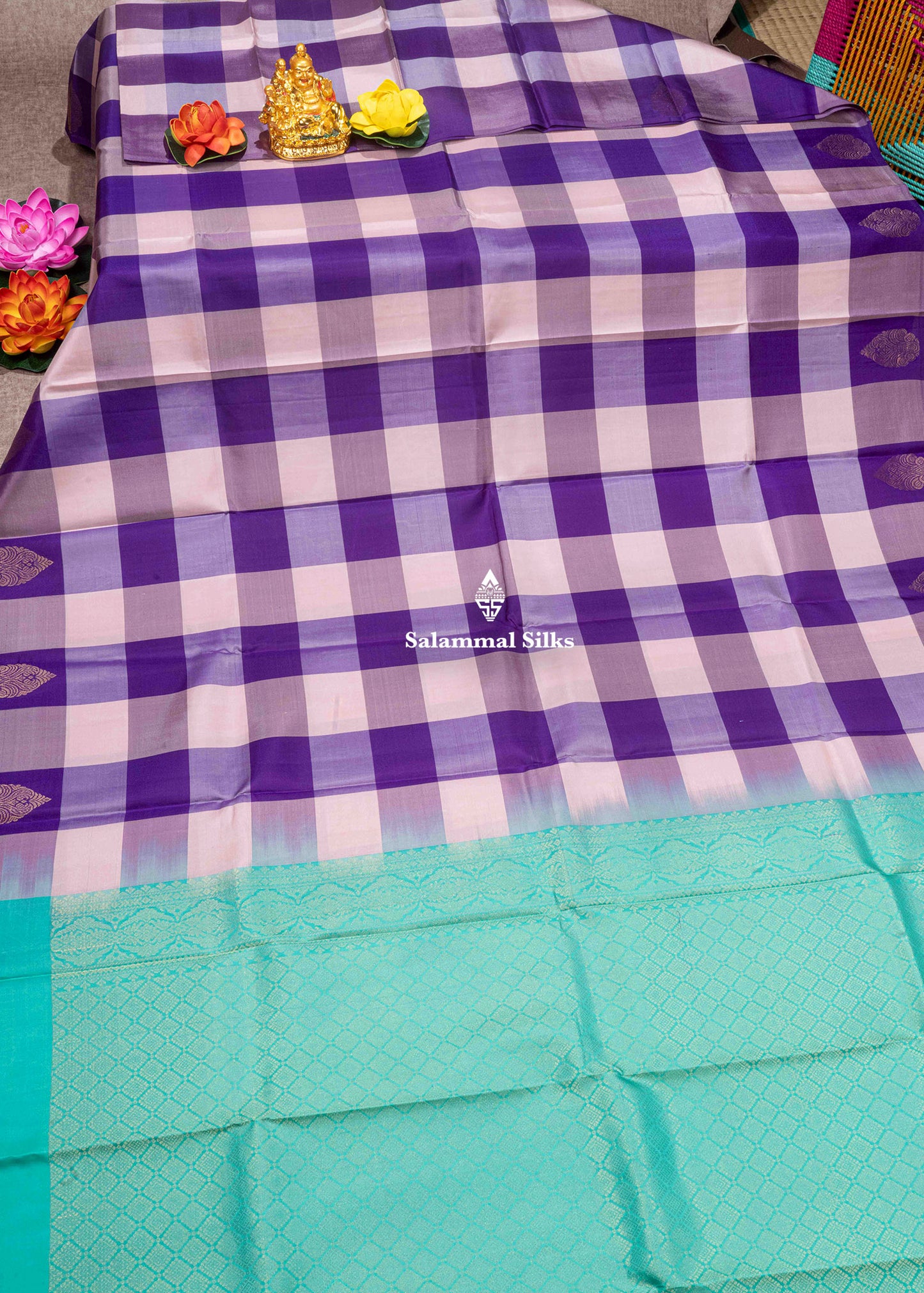 Kanjivaram Palum Pazham Checks Pure Silk Saree With Sea Green Blouse