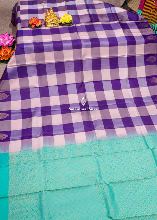Kanjivaram Palum Pazham Checks Pure Silk Saree With Sea Green Blouse