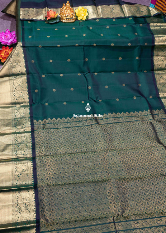 Kanjivaram Bottle Green Pure Silk Saree With Traditional Gold Zari Border