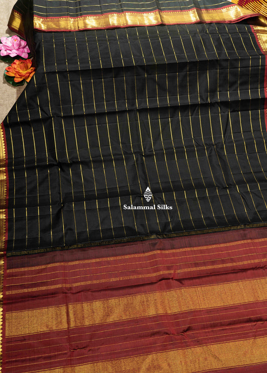 Kanjivaram Black Colour Pure Silk Saree With Traditional Gold Zari Small Border