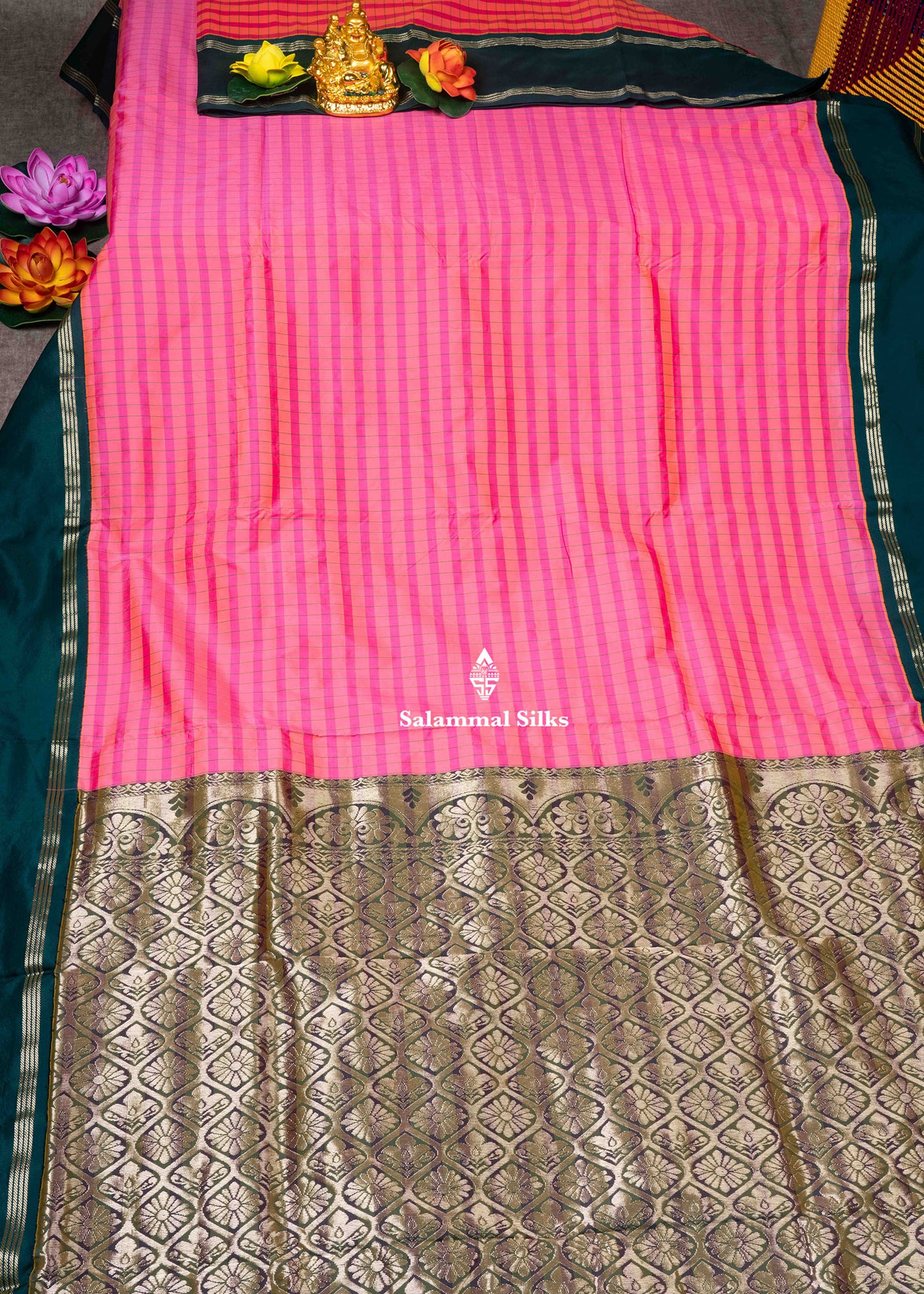 9 Yards Semi Silk Saree Pink & Dark Peach Colour with Bottle Green Double Border